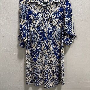 CAbi Blue and Cream‎ Long Sleeve Dress